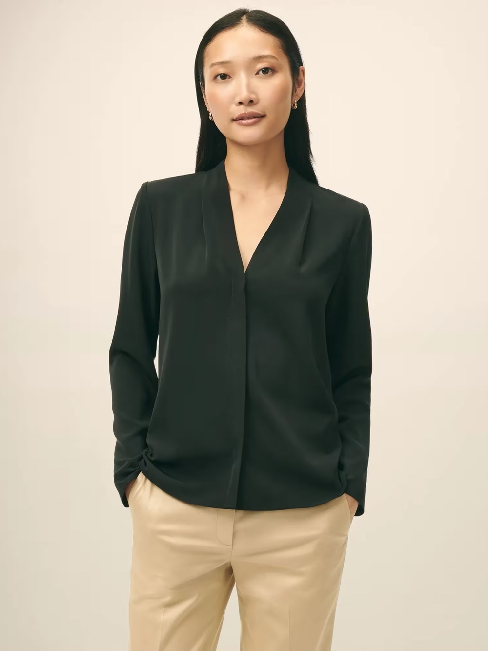 Theory Silk Blouse, Helona, Black, Size Small, 100% Silk, Long Sleeve, V-Neck